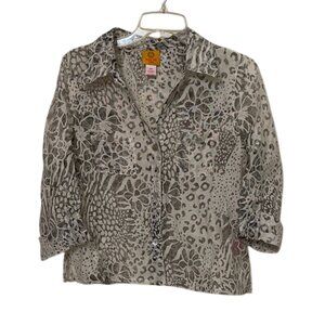 Ruby Rd. White Sheer Floral Button Up Blouse Jacket Top Womens Size 12 Petite